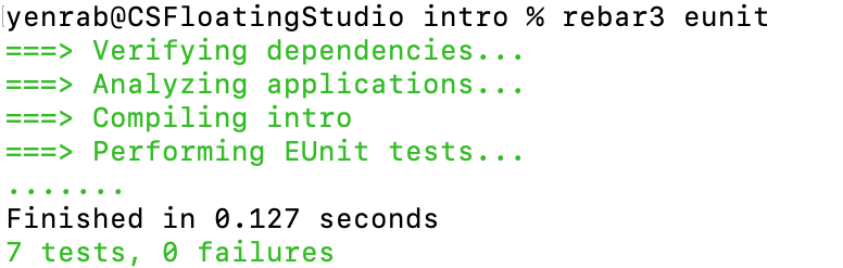 a view of the terminal after running an example set of seven unit tests. It concludes by printing, seven tests, zero failures.