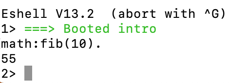 a view of the terminal after running math colon fib open parentheses 10 close parenthesis period. It concludes by printing fifty five.